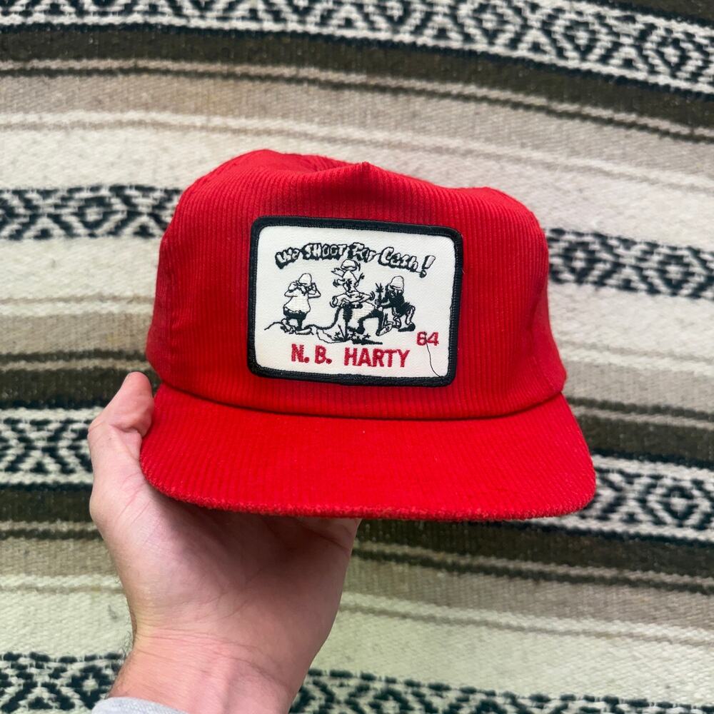 Vintage 80's We Shoot For Cash NB Hardy Red Cord Corduroy Snapback Hat Cap VTG